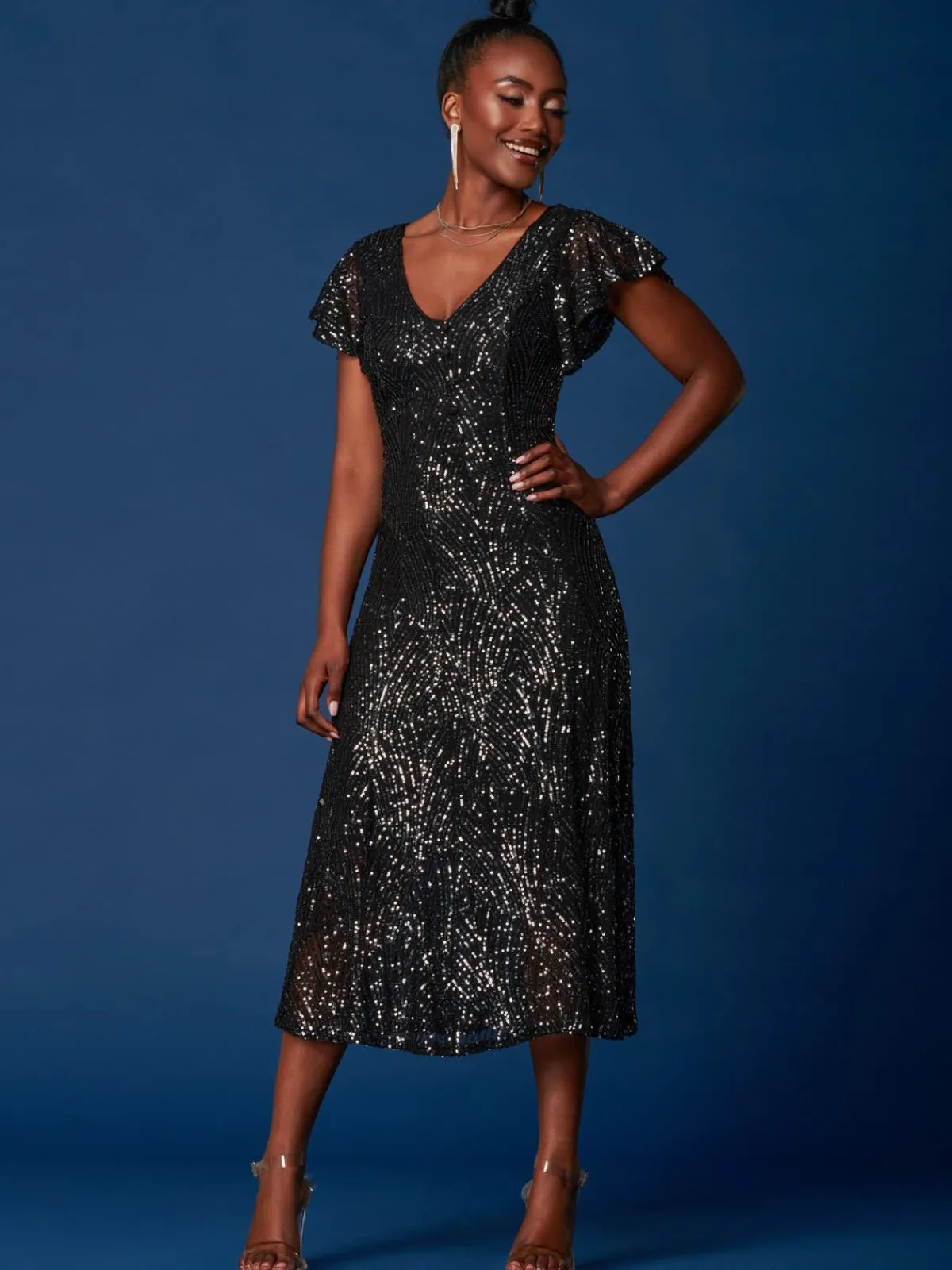 Jolie Moi Occasion Dresses|Party Dresses-Sequin Fit & Flare Maxi Dress, Black
