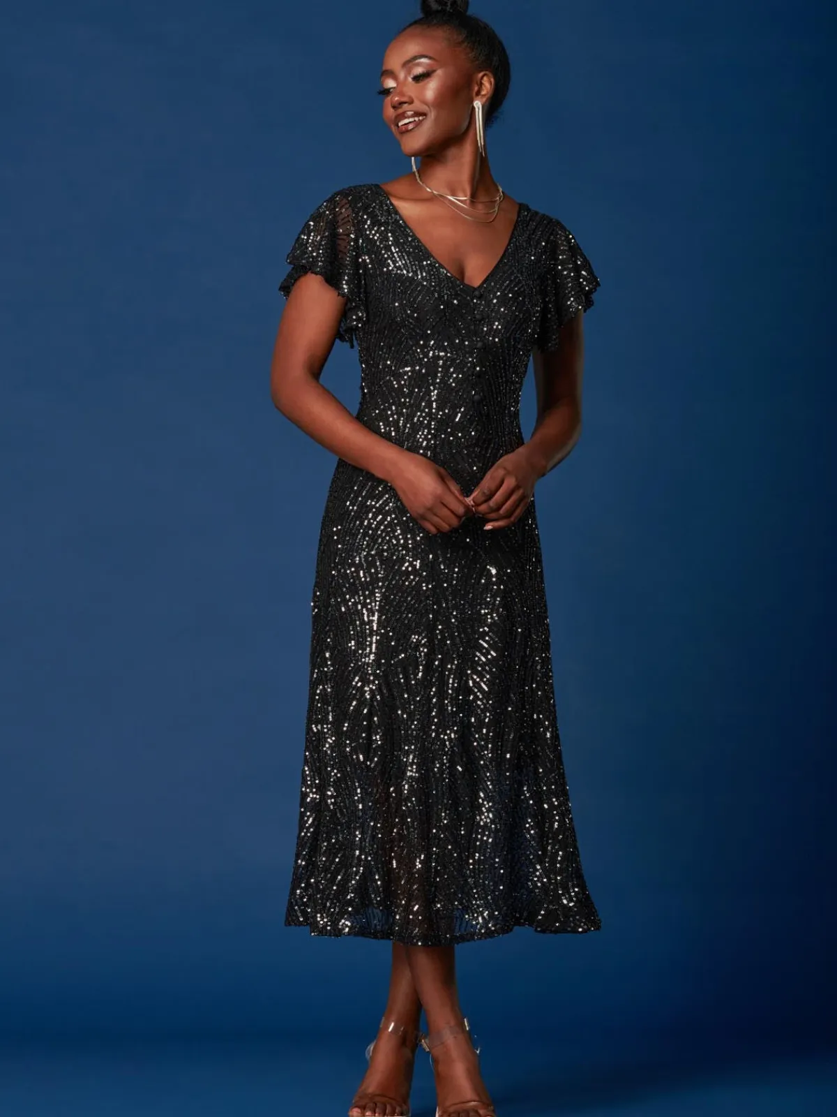 Jolie Moi Occasion Dresses|Party Dresses-Sequin Fit & Flare Maxi Dress, Black