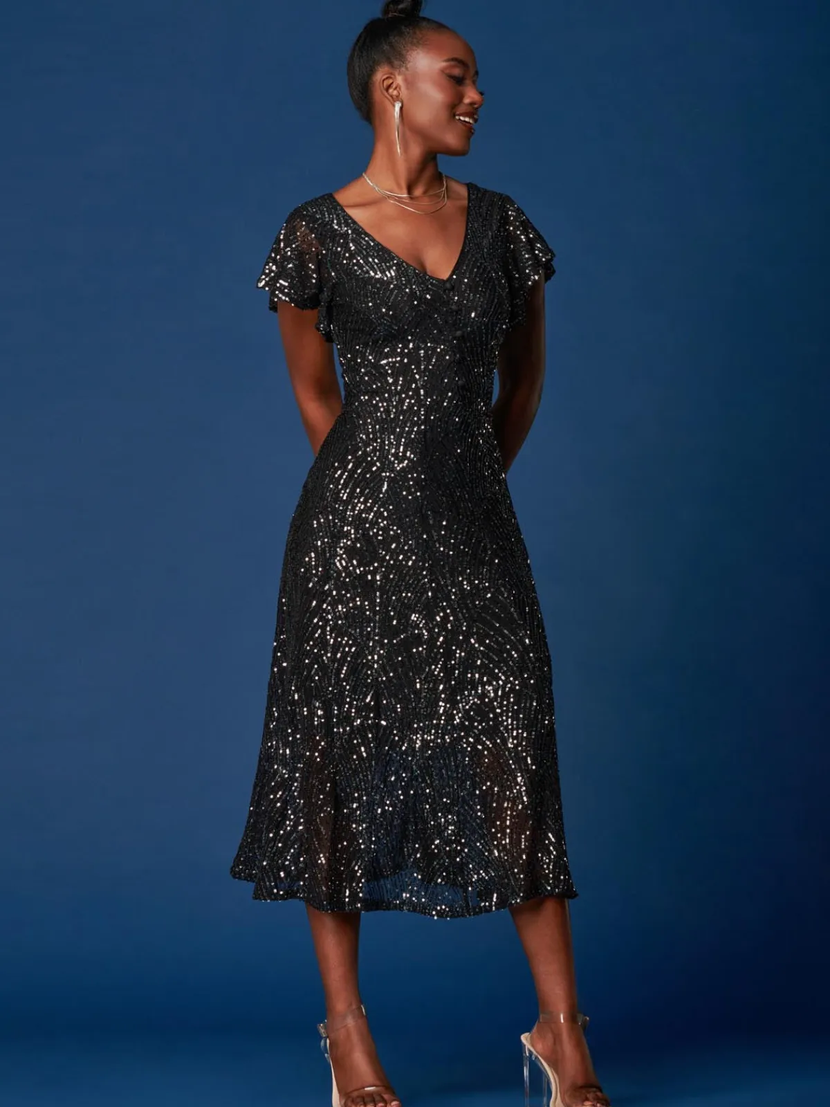 Jolie Moi Occasion Dresses|Party Dresses-Sequin Fit & Flare Maxi Dress, Black