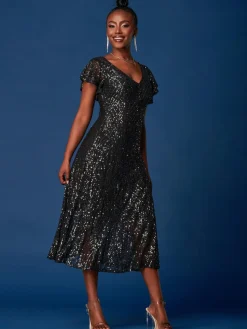 Jolie Moi Occasion Dresses|Party Dresses-Sequin Fit & Flare Maxi Dress, Black