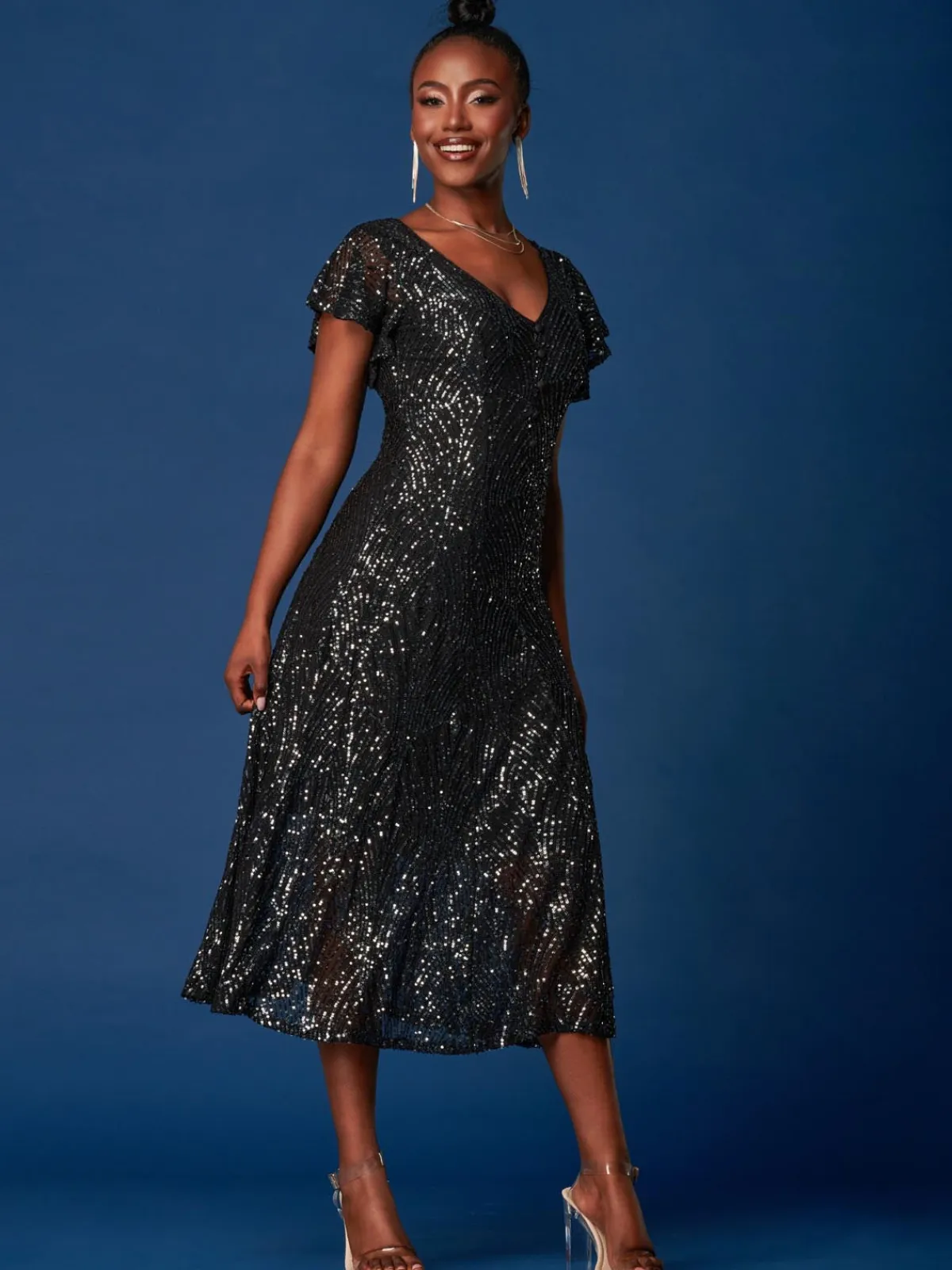 Jolie Moi Occasion Dresses|Party Dresses-Sequin Fit & Flare Maxi Dress, Black
