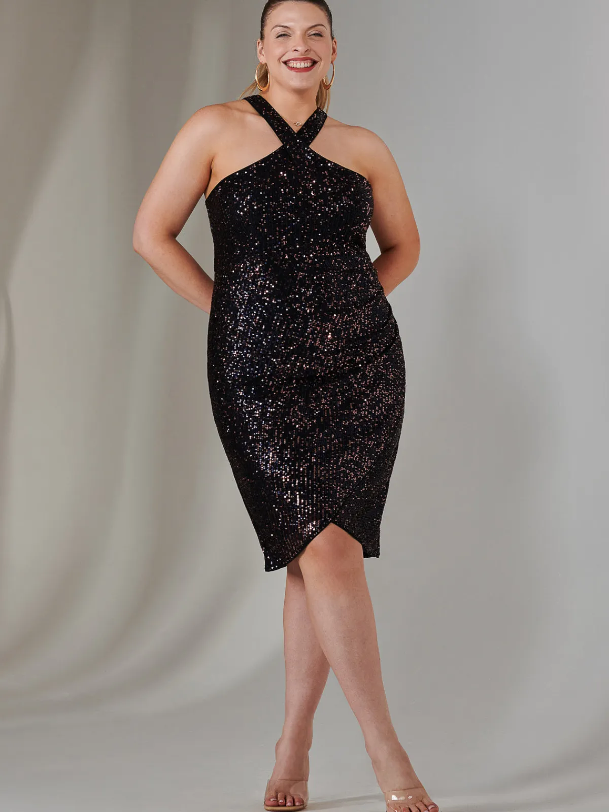 Jolie Moi Occasion Dresses|Party Dresses-Sequin Halter Neck Wrap Dress, Navy Multi
