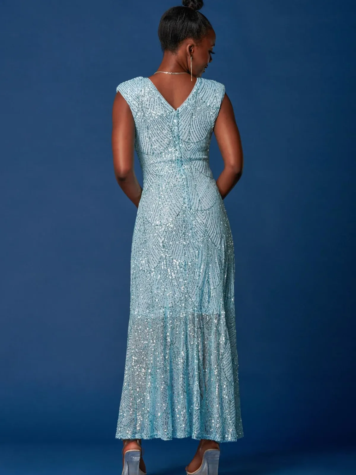Jolie Moi Party Dresses|Maxi Dresses-Sequin High Low Hem Maxi Dress, Light Blue