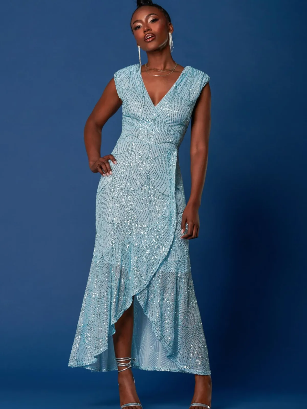 Jolie Moi Party Dresses|Maxi Dresses-Sequin High Low Hem Maxi Dress, Light Blue