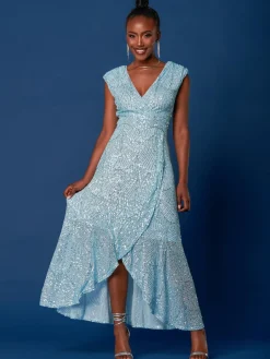 Jolie Moi Party Dresses|Maxi Dresses-Sequin High Low Hem Maxi Dress, Light Blue