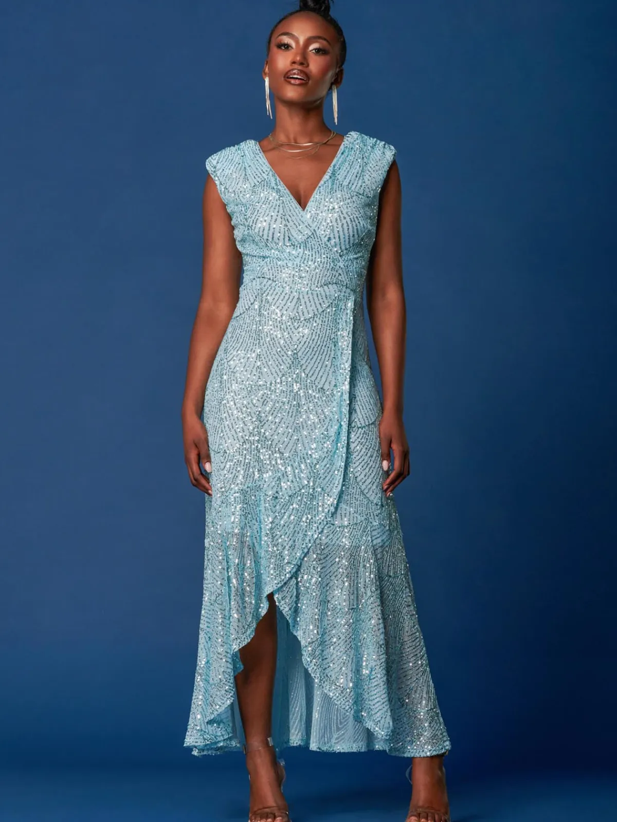 Jolie Moi Party Dresses|Maxi Dresses-Sequin High Low Hem Maxi Dress, Light Blue