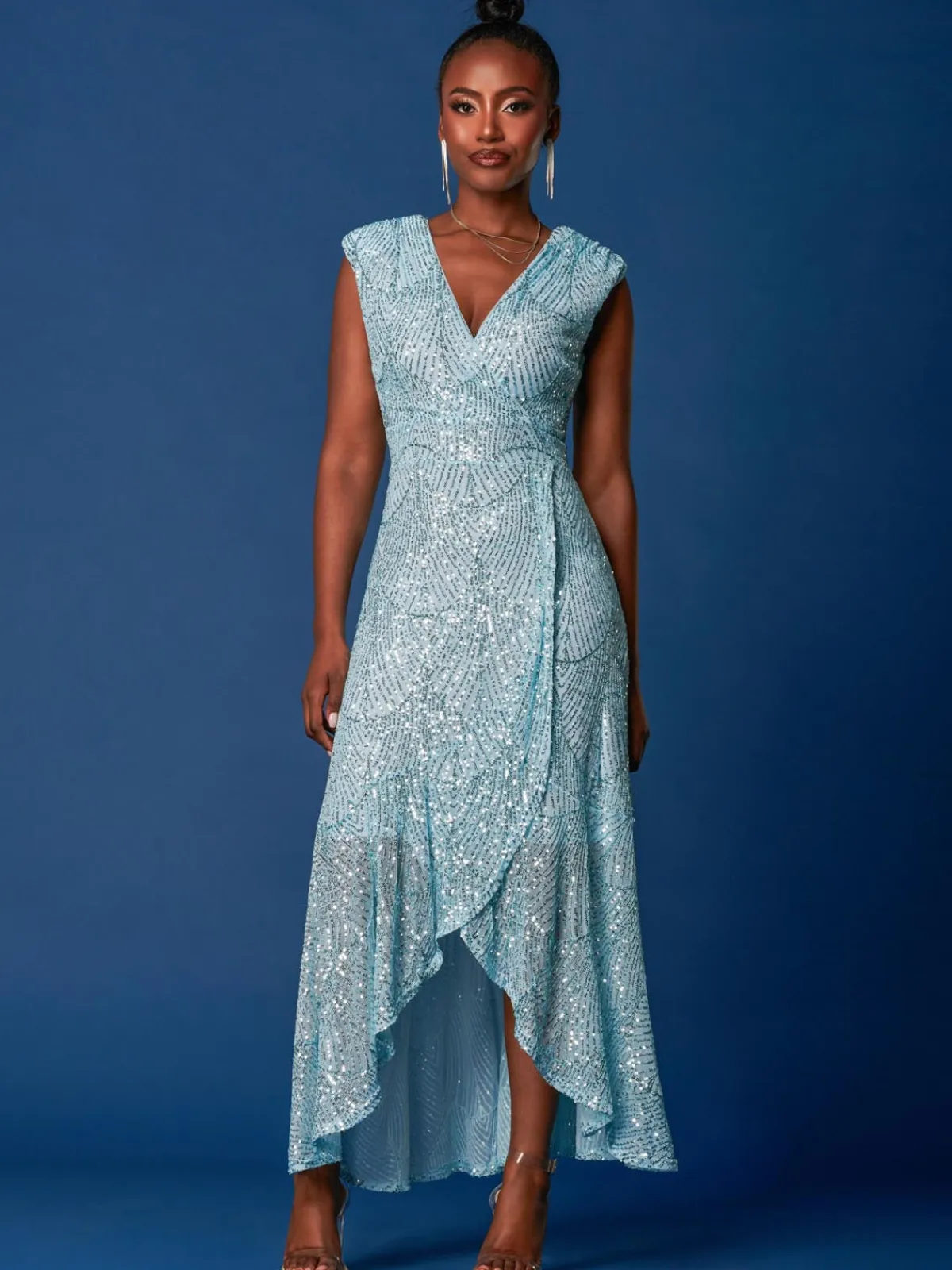 Jolie Moi Party Dresses|Maxi Dresses-Sequin High Low Hem Maxi Dress, Light Blue