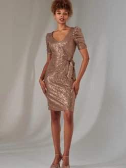 Jolie Moi Occasion Dresses|Party Dresses-Sequin Ruched Detail Pencil Dress, Bronze