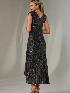 Jolie Moi Occasion Dresses|Sleeveless Dresses-Sequin Ruffle Hem Maxi Dress, Black- Silver