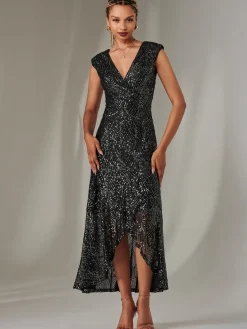Jolie Moi Occasion Dresses|Sleeveless Dresses-Sequin Ruffle Hem Maxi Dress, Black- Silver