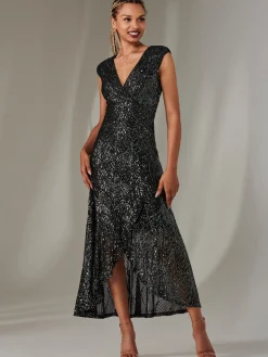 Jolie Moi Occasion Dresses|Sleeveless Dresses-Sequin Ruffle Hem Maxi Dress, Black- Silver