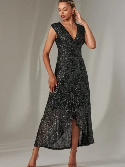 Jolie Moi Occasion Dresses|Sleeveless Dresses-Sequin Ruffle Hem Maxi Dress, Black- Silver
