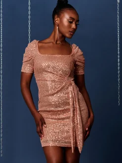 Jolie Moi Occasion Dresses|Party Dresses-Sequin Square Neck Pencil Dress, Champagne
