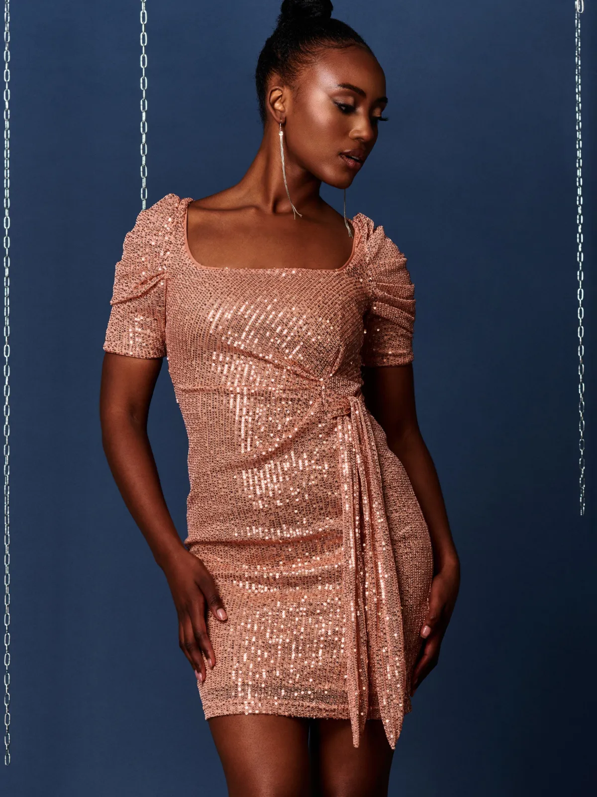 Jolie Moi Occasion Dresses|Party Dresses-Sequin Square Neck Pencil Dress, Champagne