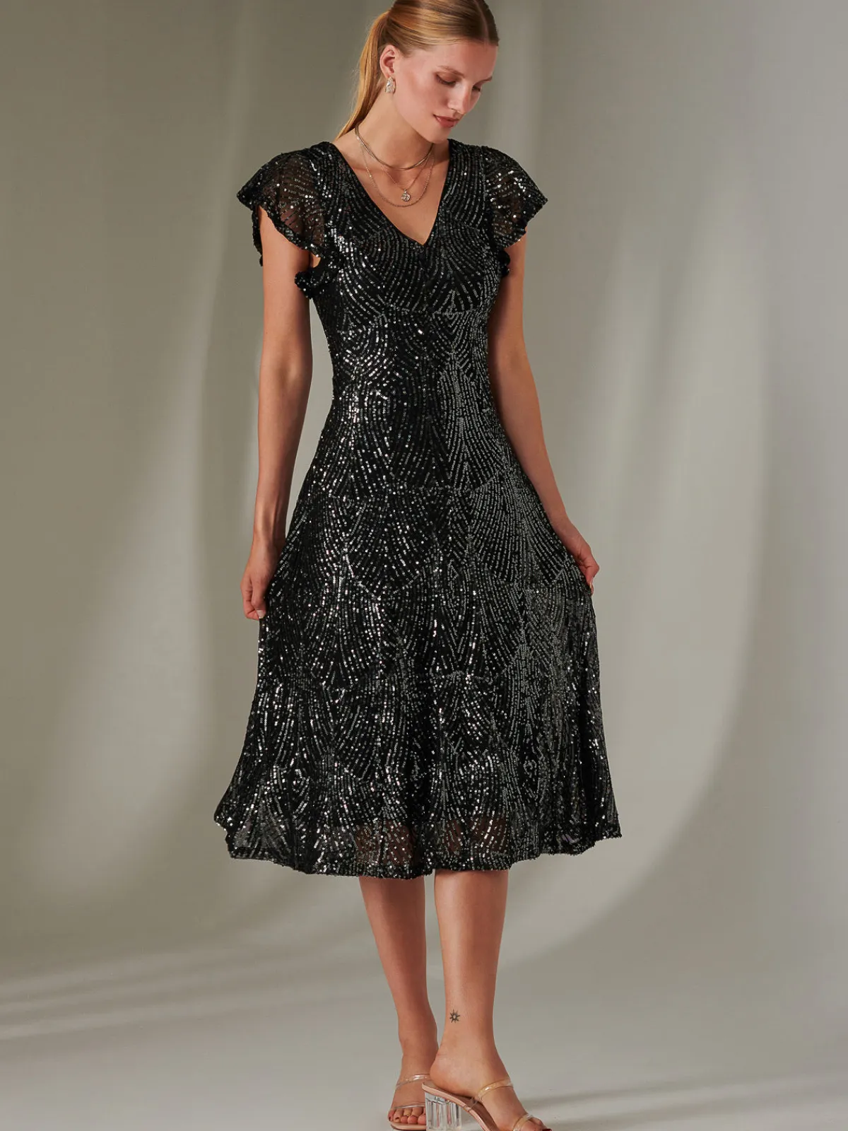 Jolie Moi Occasion Dresses|Party Dresses-Sequin V Neck FIt & Flare Midaxi Dress, Black