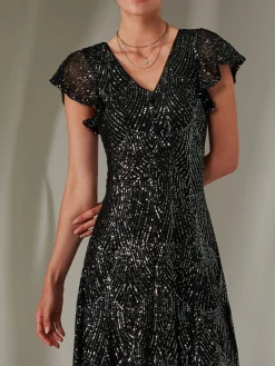 Jolie Moi Occasion Dresses|Party Dresses-Sequin V Neck FIt & Flare Midaxi Dress, Black