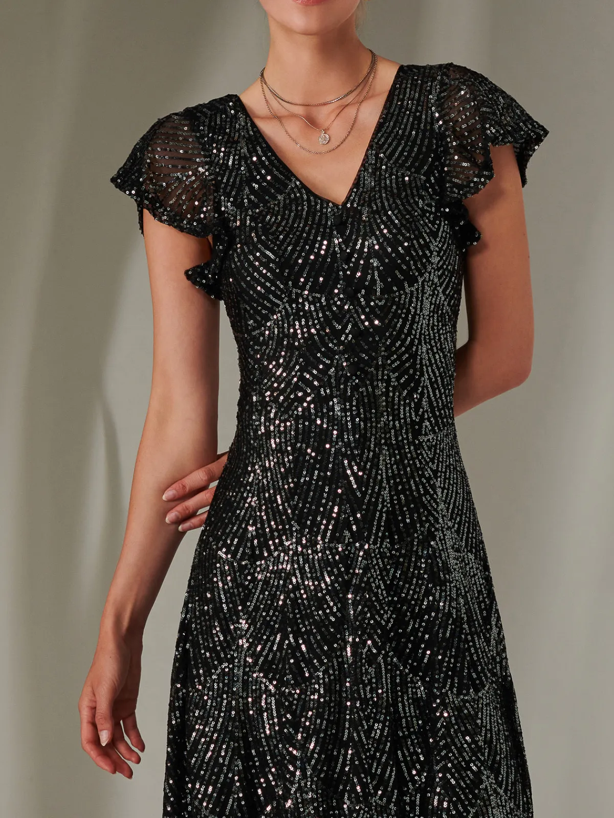 Jolie Moi Occasion Dresses|Party Dresses-Sequin V Neck FIt & Flare Midaxi Dress, Black