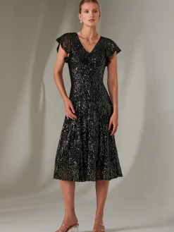 Jolie Moi Occasion Dresses|Party Dresses-Sequin V Neck FIt & Flare Midaxi Dress, Black