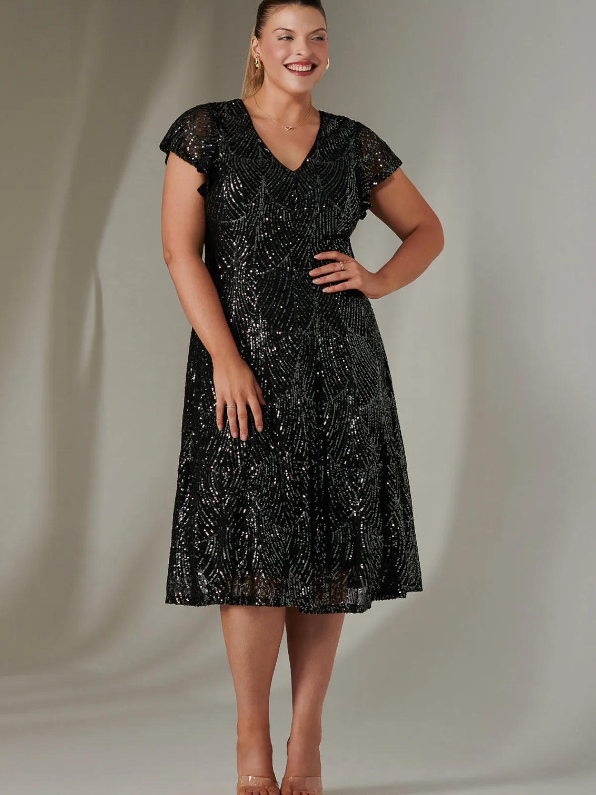 Jolie Moi Occasion Dresses|Party Dresses-Sequin V Neck FIt & Flare Midaxi Dress, Black
