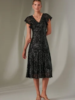 Jolie Moi Occasion Dresses|Party Dresses-Sequin V Neck FIt & Flare Midaxi Dress, Black