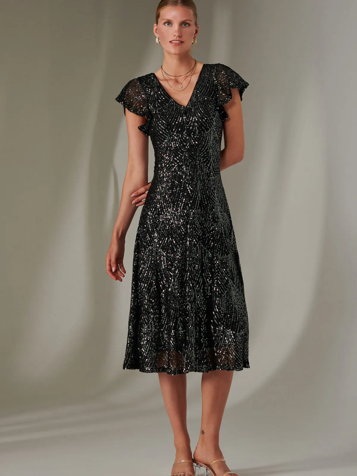 Jolie Moi Occasion Dresses|Party Dresses-Sequin V Neck FIt & Flare Midaxi Dress, Black