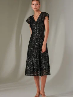Jolie Moi Occasion Dresses|Party Dresses-Sequin V Neck FIt & Flare Midaxi Dress, Black