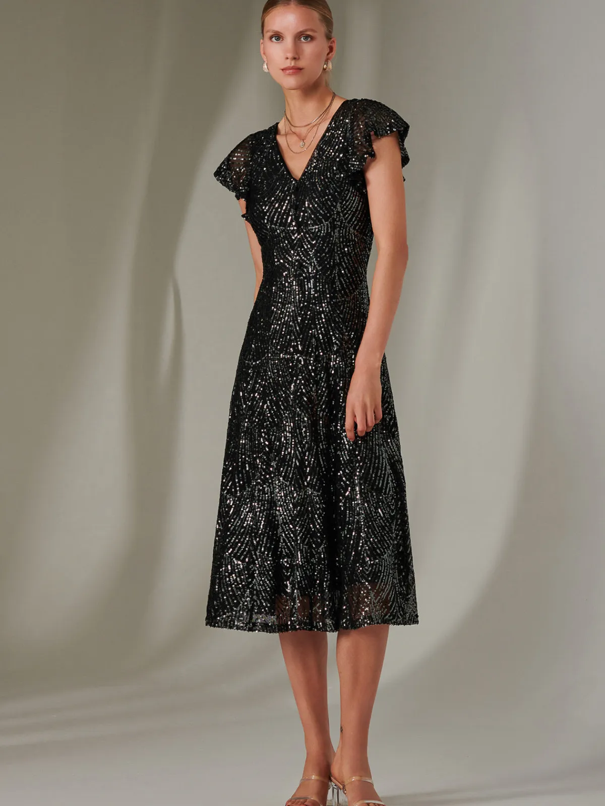 Jolie Moi Occasion Dresses|Party Dresses-Sequin V Neck FIt & Flare Midaxi Dress, Black