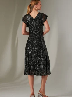 Jolie Moi Occasion Dresses|Party Dresses-Sequin V Neck FIt & Flare Midaxi Dress, Black