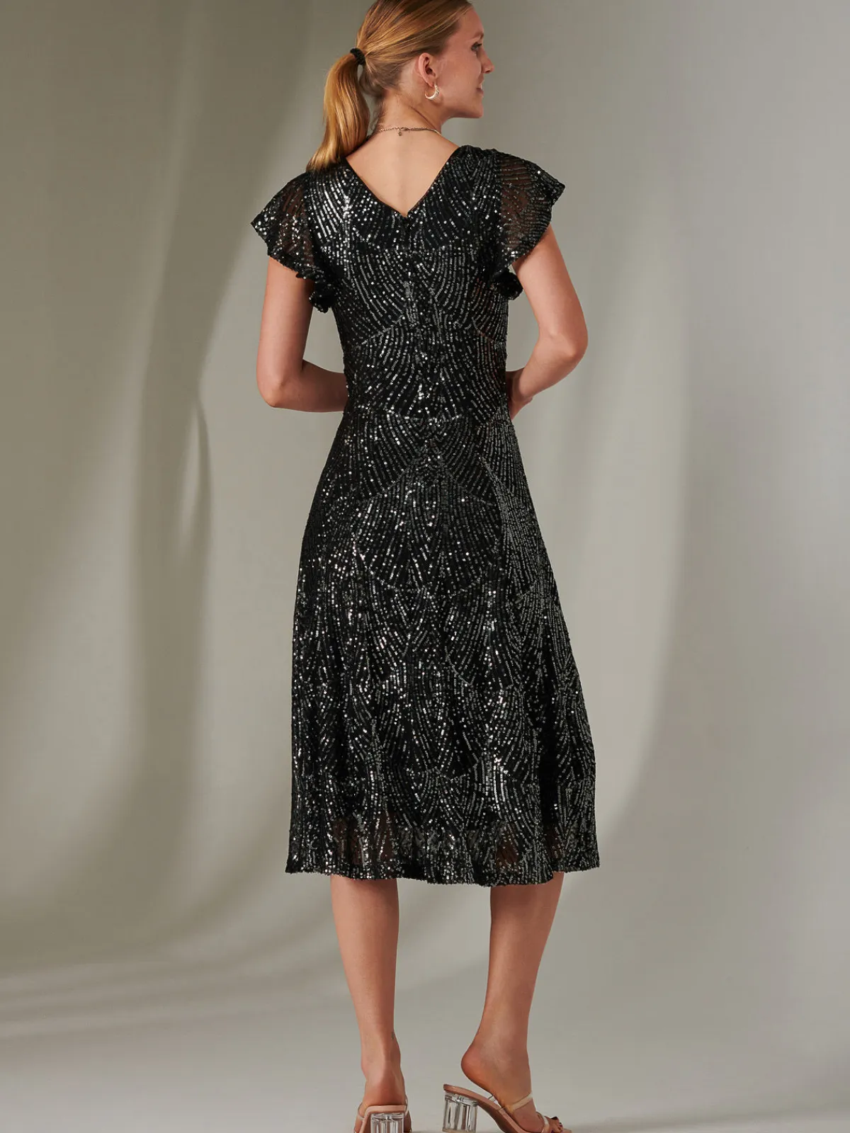 Jolie Moi Occasion Dresses|Party Dresses-Sequin V Neck FIt & Flare Midaxi Dress, Black