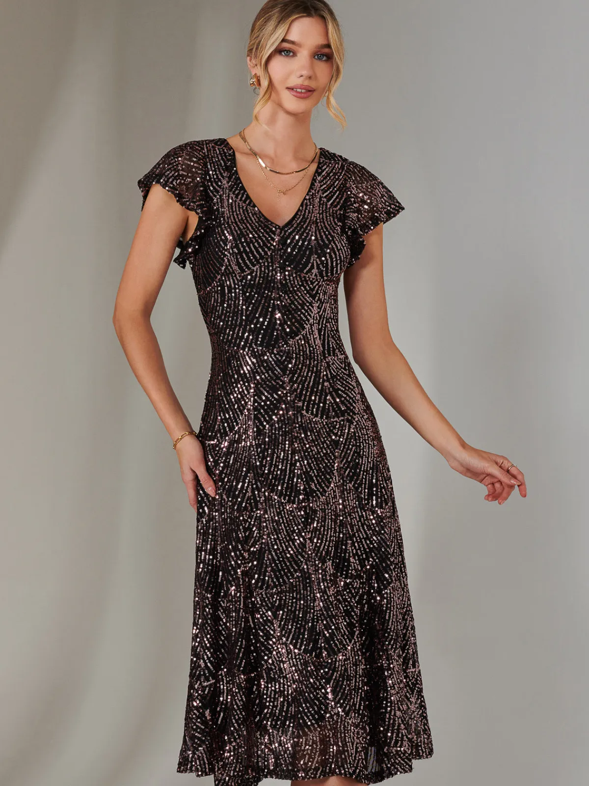 Jolie Moi Occasion Dresses|Sequin Dresses-Sequin V Neck FIt & Flare Midaxi Dress, Black Rose Gold