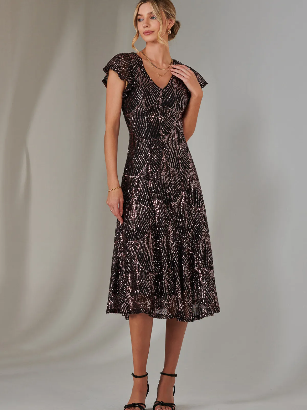 Jolie Moi Occasion Dresses|Sequin Dresses-Sequin V Neck FIt & Flare Midaxi Dress, Black Rose Gold