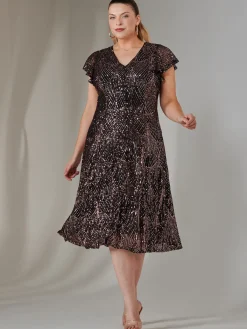 Jolie Moi Occasion Dresses|Sequin Dresses-Sequin V Neck FIt & Flare Midaxi Dress, Black Rose Gold