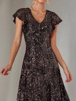 Jolie Moi Occasion Dresses|Sequin Dresses-Sequin V Neck FIt & Flare Midaxi Dress, Black Rose Gold