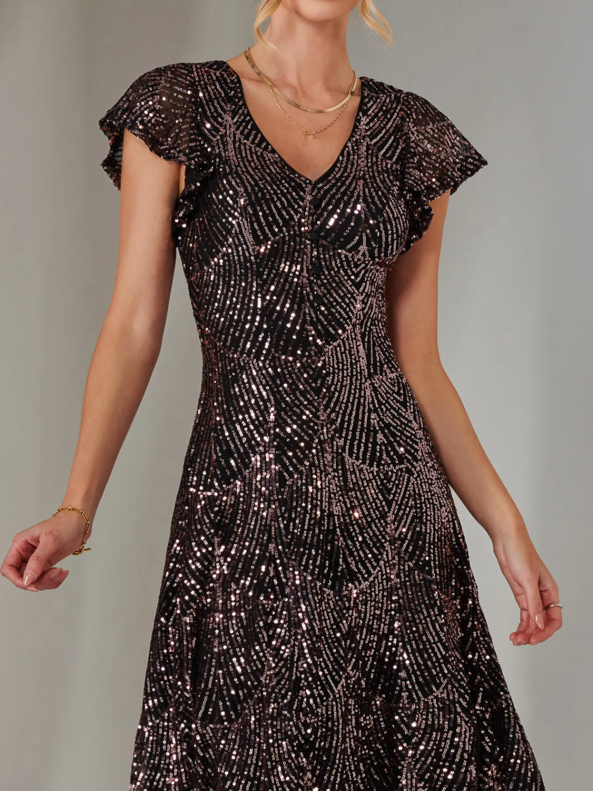 Jolie Moi Occasion Dresses|Sequin Dresses-Sequin V Neck FIt & Flare Midaxi Dress, Black Rose Gold