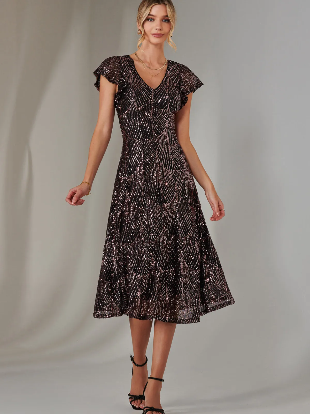 Jolie Moi Occasion Dresses|Sequin Dresses-Sequin V Neck FIt & Flare Midaxi Dress, Black Rose Gold