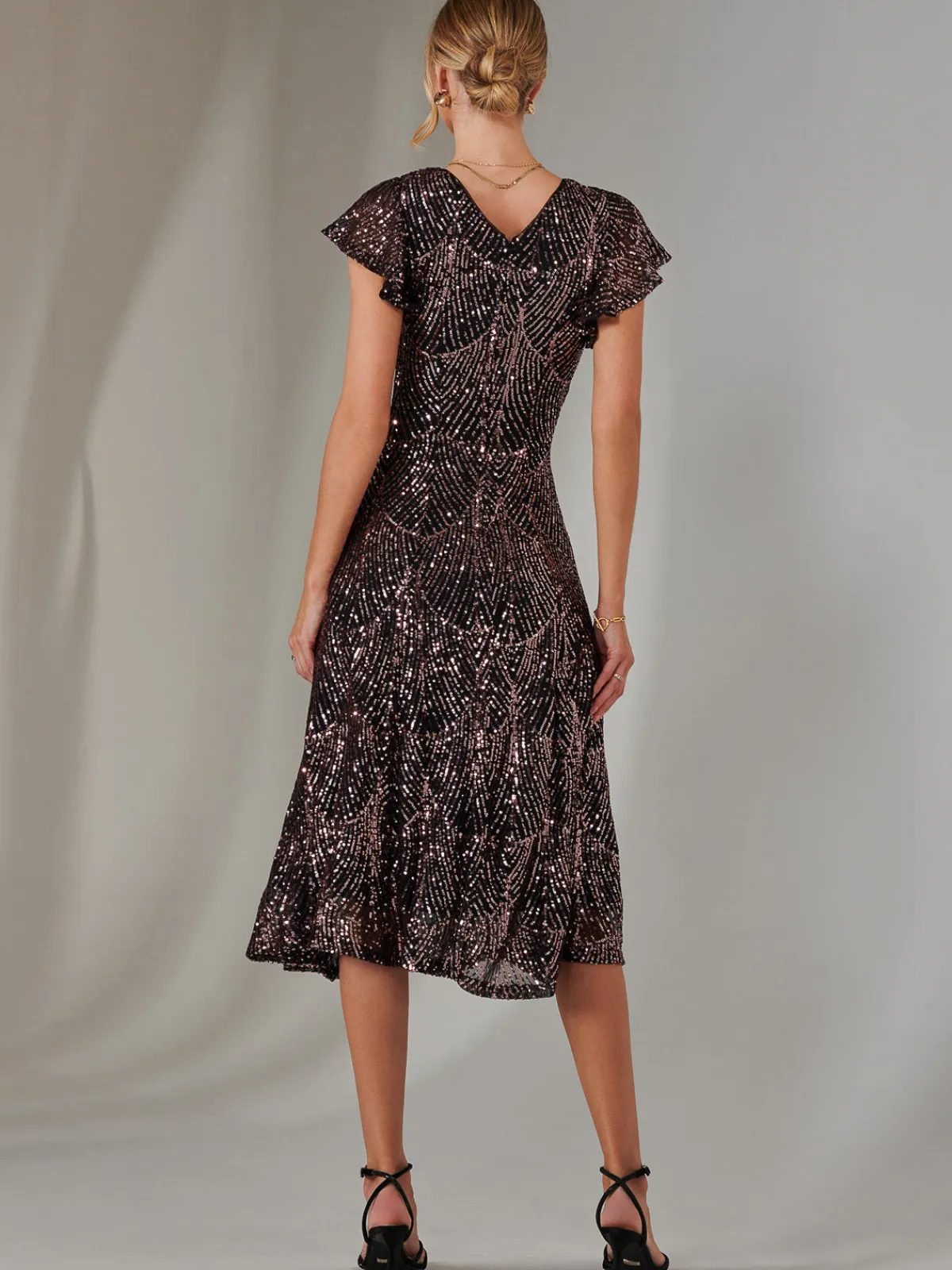 Jolie Moi Occasion Dresses|Sequin Dresses-Sequin V Neck FIt & Flare Midaxi Dress, Black Rose Gold