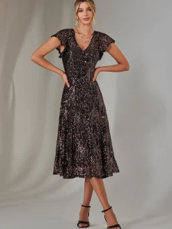 Jolie Moi Occasion Dresses|Sequin Dresses-Sequin V Neck FIt & Flare Midaxi Dress, Black Rose Gold