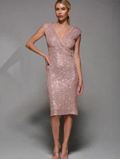 Jolie Moi Occasion Dresses|Sleeveless Dresses-Sequin Wrap Bodice Shoulder Pad Midi Dress, Rose Pink