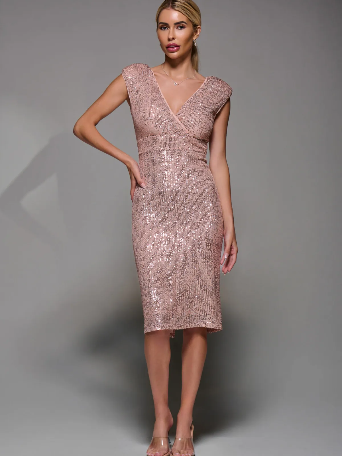 Jolie Moi Occasion Dresses|Sleeveless Dresses-Sequin Wrap Bodice Shoulder Pad Midi Dress, Rose Pink