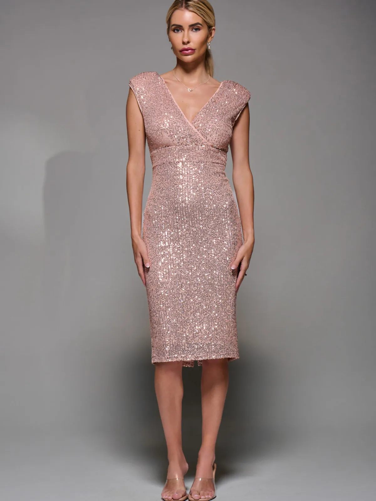 Jolie Moi Occasion Dresses|Sleeveless Dresses-Sequin Wrap Bodice Shoulder Pad Midi Dress, Rose Pink