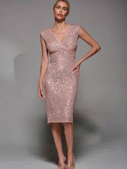 Jolie Moi Occasion Dresses|Sleeveless Dresses-Sequin Wrap Bodice Shoulder Pad Midi Dress, Rose Pink