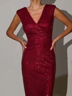 Jolie Moi Occasion Dresses|Sleeveless Dresses-Sequin Wrap Bodycon Midi Dress With Shoulder Pads, Dark Red