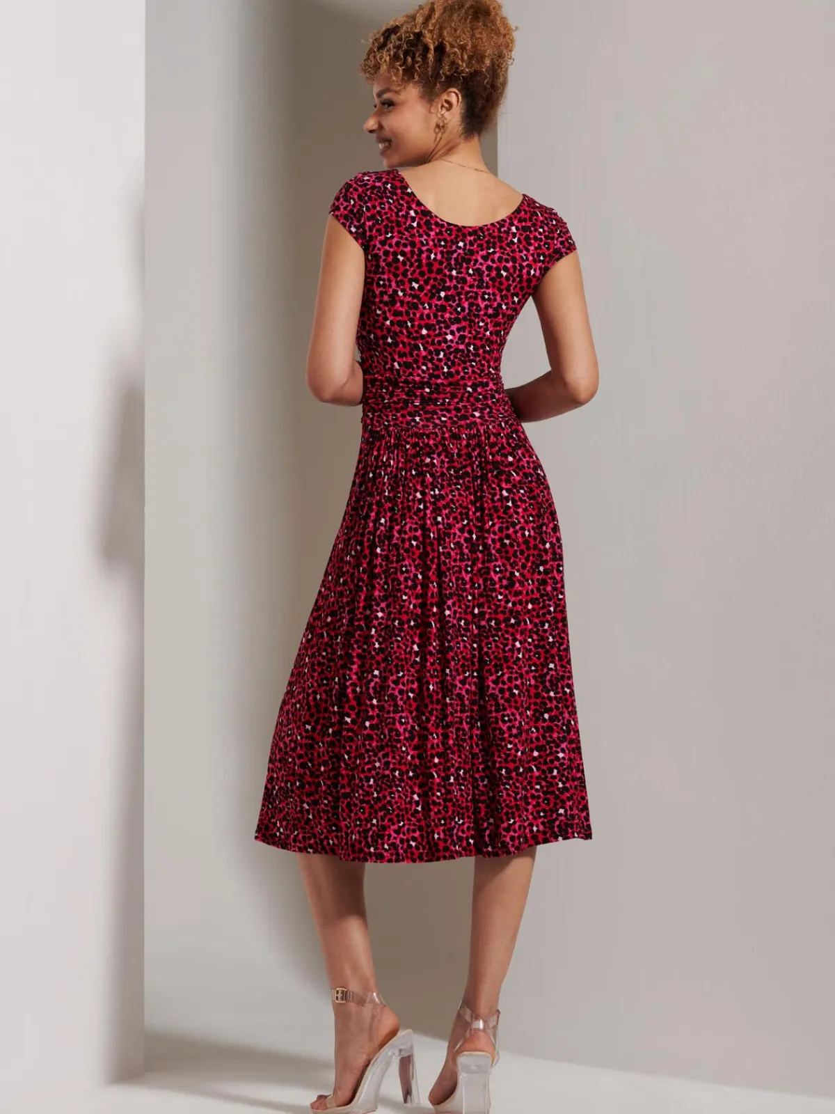 Jolie Moi Occasion Dresses|Jersey Dresses-Shanaz Cap Sleeve Midi Dress, Pink Animal
