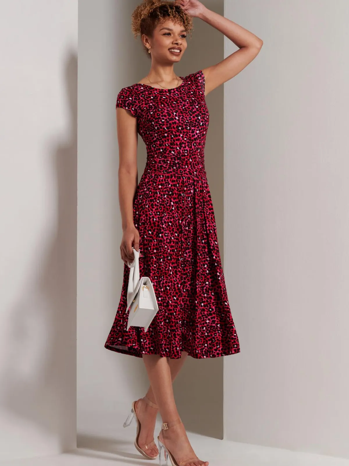Jolie Moi Occasion Dresses|Jersey Dresses-Shanaz Cap Sleeve Midi Dress, Pink Animal