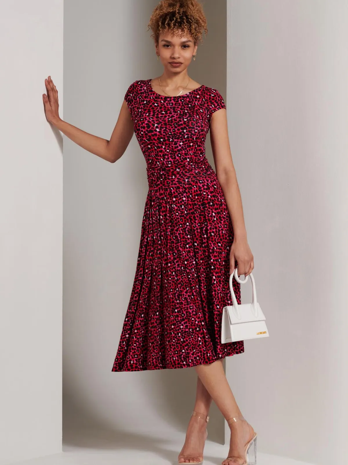 Jolie Moi Occasion Dresses|Jersey Dresses-Shanaz Cap Sleeve Midi Dress, Pink Animal