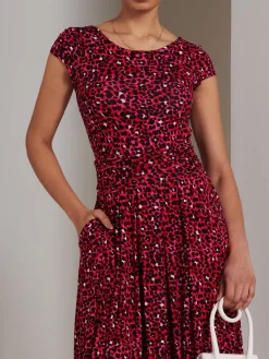 Jolie Moi Occasion Dresses|Jersey Dresses-Shanaz Cap Sleeve Midi Dress, Pink Animal