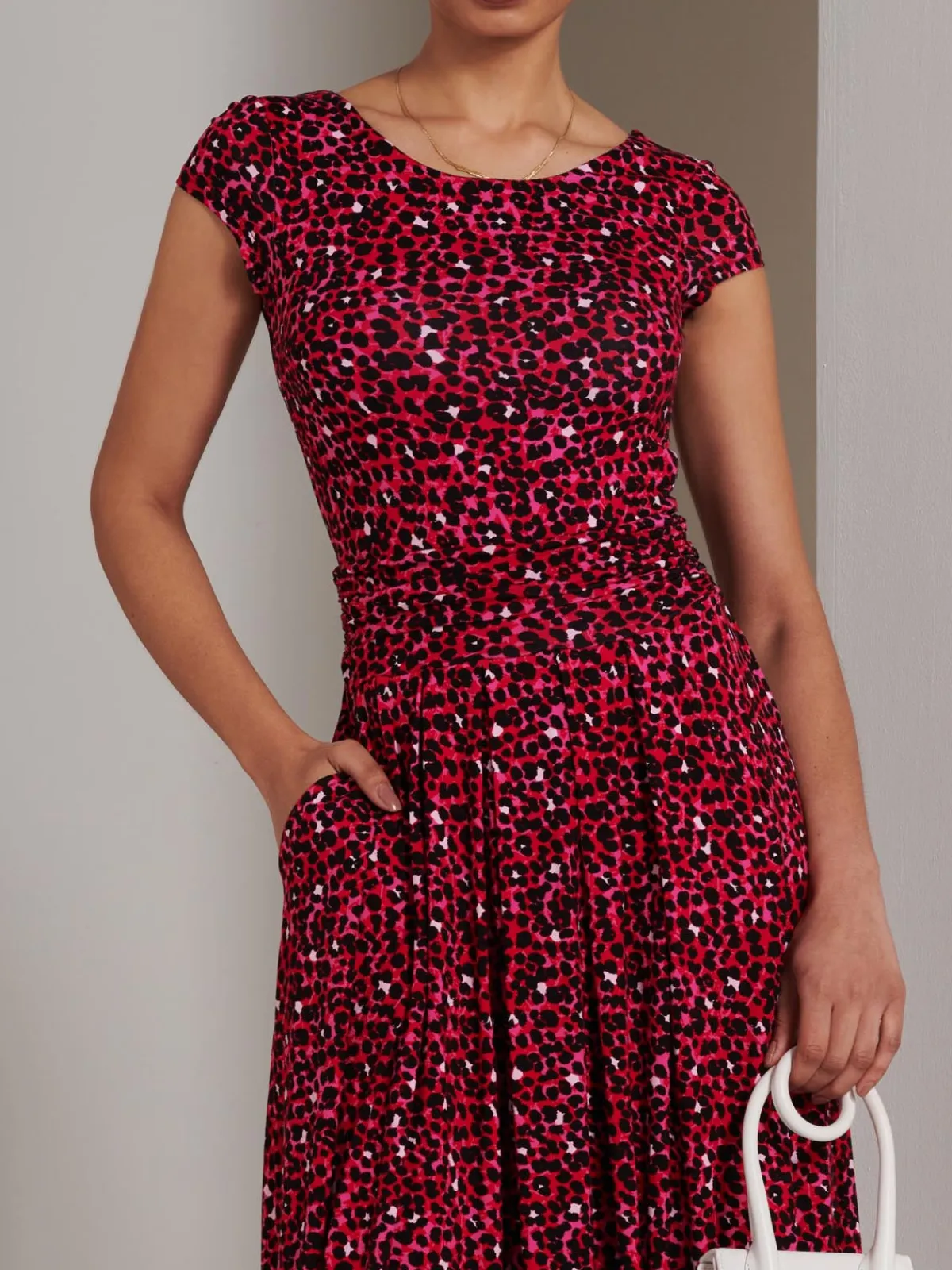 Jolie Moi Occasion Dresses|Jersey Dresses-Shanaz Cap Sleeve Midi Dress, Pink Animal
