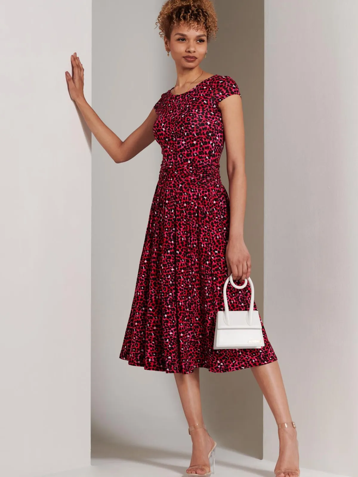 Jolie Moi Occasion Dresses|Jersey Dresses-Shanaz Cap Sleeve Midi Dress, Pink Animal