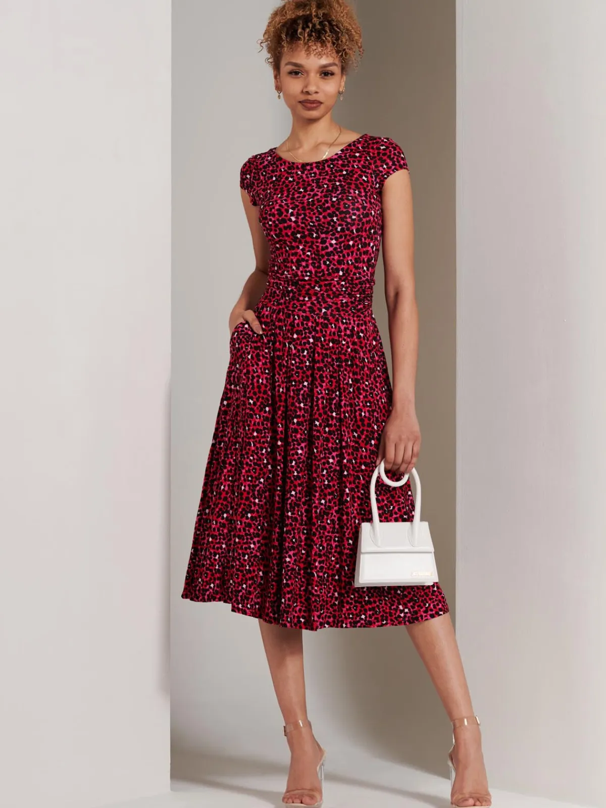 Jolie Moi Occasion Dresses|Jersey Dresses-Shanaz Cap Sleeve Midi Dress, Pink Animal