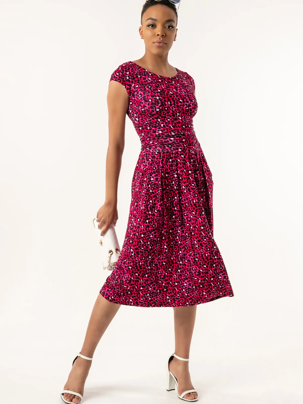 Jolie Moi Occasion Dresses|Jersey Dresses-Shanaz Cap Sleeve Midi Dress, Pink Animal
